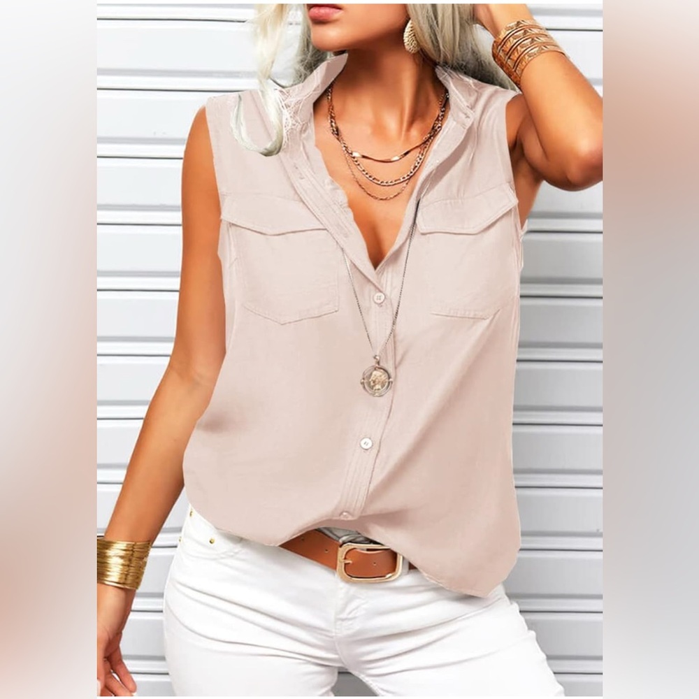 Apricot Solid Sleeveless Tank Top Summer Button Down Shirts Office Ladies Shirt - Picture 3 of 5